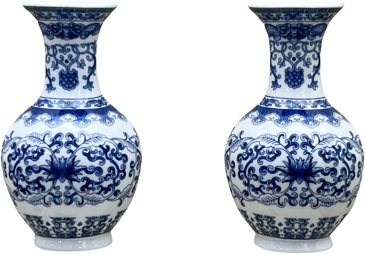 Set of Two Blue and White Porcelain Wall Vases for Flowers – Handmade Chinoiserie Ceramic Wall Mounted Flower Vase, Decorative Hanging Vases for Living Room, Bookshelf & Indoor Décor