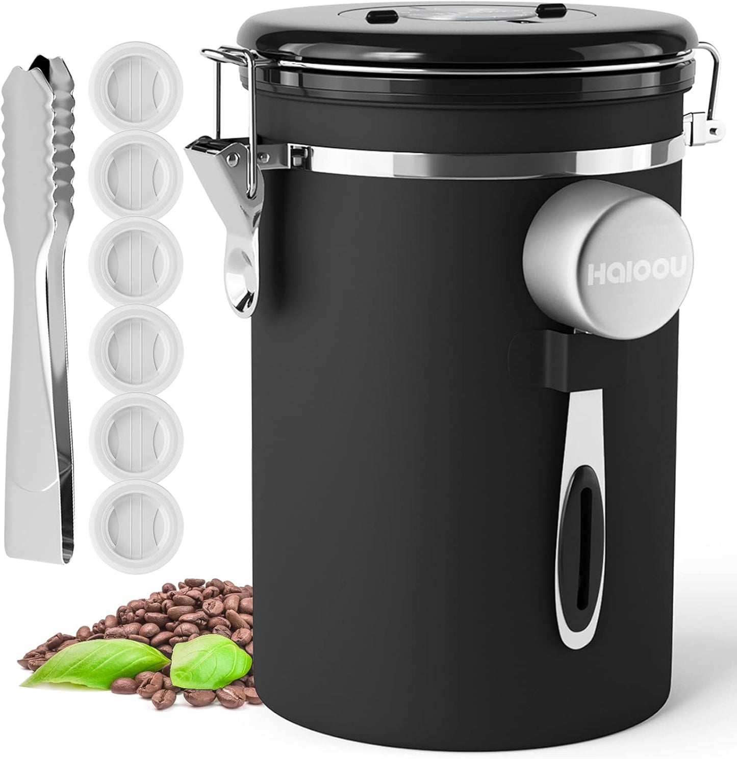 HAIOOU Airtight Coffee Canister, 22OZ Large Stainless Steel Coffee Bean Storage Container with Date Tracker, Measuring Scoop, 6Pcs CO2 Valves and Mini Tongs for Beans, Grounds, Sugar and more - Black