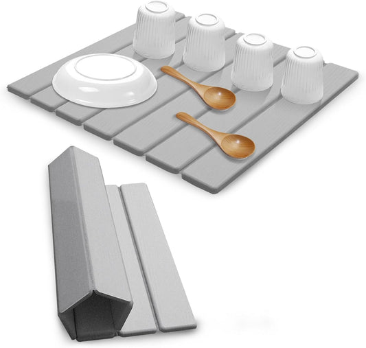 Large Stone Dish Drying Mats for Kitchen Counter, Quick Dry Absorbent Collapsible Dish Drying Mat,Diatomaceous Earth Mats for Dishes Bottles Cups,Match Any Countertop,Grey 16 * 12inch