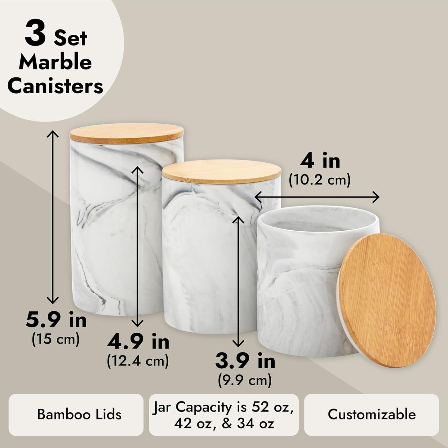 Farmlyn Creek Sugar & Coffee Container Set 3-Piece - White Marble Finish Ceramic Jar Set - Airtight Wood Lids - Ceramic Containers with Lids for Countertop Storage (5.9"/4.9"/3.9)