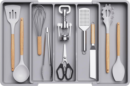 Lifewit Utensil Organizer for Kitchen Drawers, Expandable Cooking Utensil Tray, Adjustable Cutlery Silverware Flatware Holder, Plastic Kitchen Spatula Tools and Gadgets Storage Divider, Large, Gray
