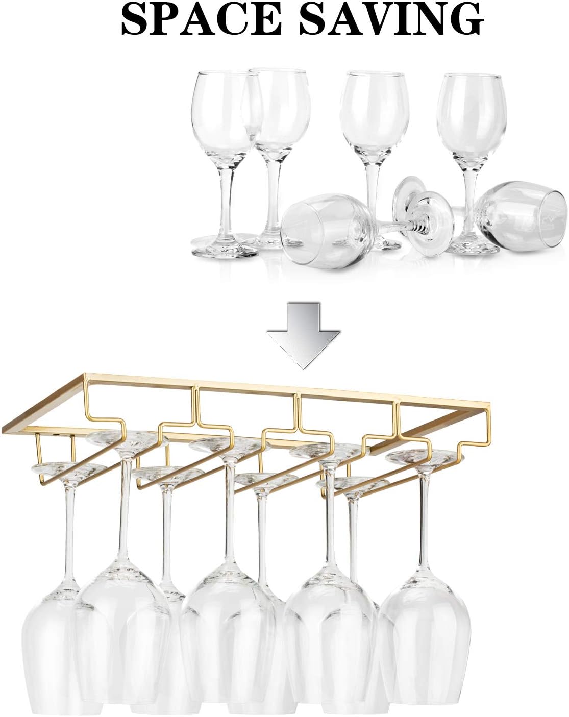 Wine Glass Rack Under Cabinet - Stemware Holder Metal Wine Glass Organizer Glasses Storage Hanger for Bar Kitchen Gold 4 Rows