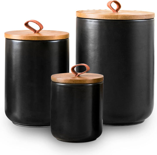 Black Ceramic Canister Set, 3pcs Ceramic Kitchen Canisters for Countertop with Airtight Wood Lids, Large Flour and Sugar Containers for Coffee, Tea, Spice