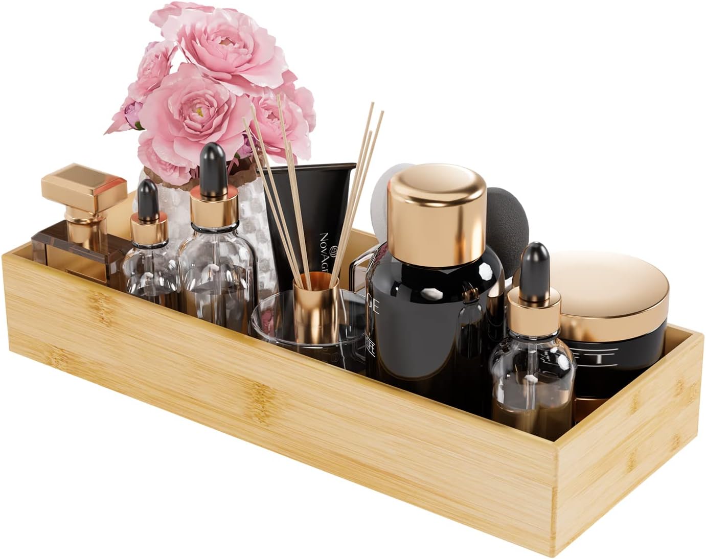 Bathroom Vanity Tray Organizer Bamboo, Small Wood Tray for Bathroom Counter Kicthen Drawer, Rectangular Toilet Paper Storage Basket Box, Guest Sink Tray Decor, Bathroom Accessories 15" x 6" x 2.5"