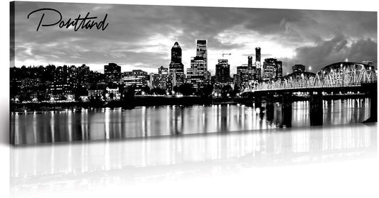 DJSYLIFE-Portland Skyline Canvas Print Modern City Landscape Wall Art USA Skyscraper Black and White Panoramic Night View Painting Office Living Room Home Decor Ready to Hang 13.8"x47.3"