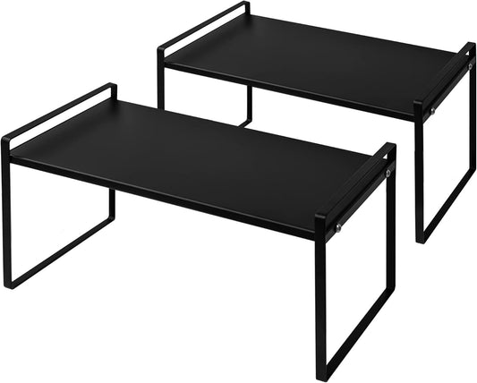 Nxconsu 2Pack Cabinet Shelves Stackable Organizer Rack Riser for Kitchen Cabinet Pantry Cupboard Counter Countertop Home Organization Storage Space Saver Heavy Duty Metal Nonslip Black Tall