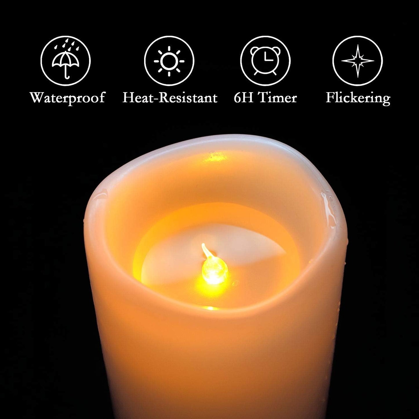 Amagic 2 Pack 6" x 4" Outdoor Plastic Electric flameless Candles with Remote Control and Timer, Battery Operated Flickering LED Pillar Fake Candle for Home, Wedding Decor, Ivory