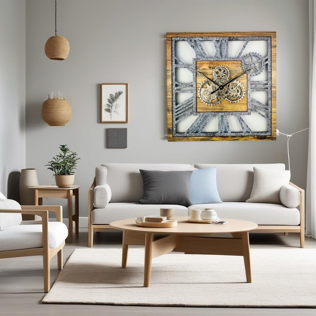 The Gears Clock 24'' Inch Square Real Moving Gear Wall Clock Vintage Industrial Oversized Rustic Farmhouse (Wood and Stone)