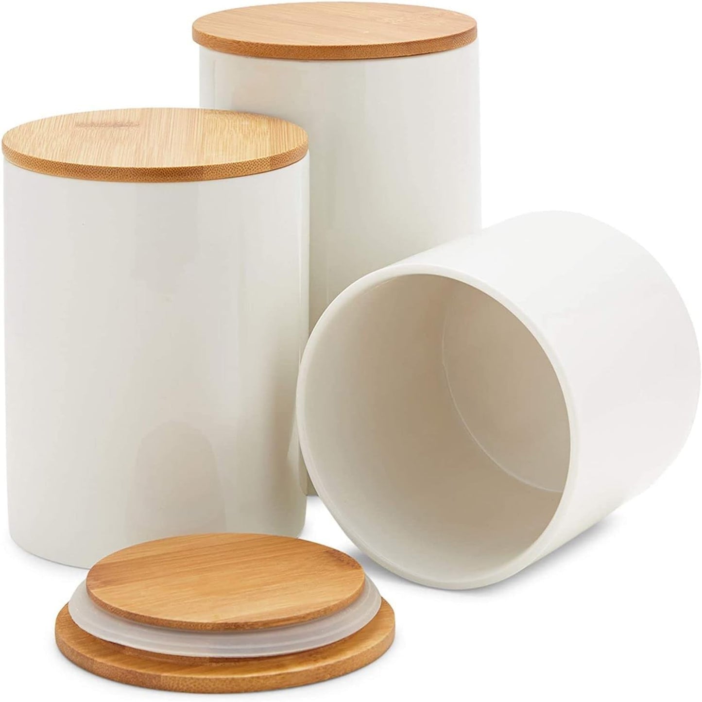 Farmlyn Creek Set of 3 White Ceramic Canisters with Airtight Wooden Bmaboo Lids - Kitchen Counter Containers - Food Storage Jars for Storing Sugar, Coffee, Snacks and Other Dry Goods (3 Sizes)