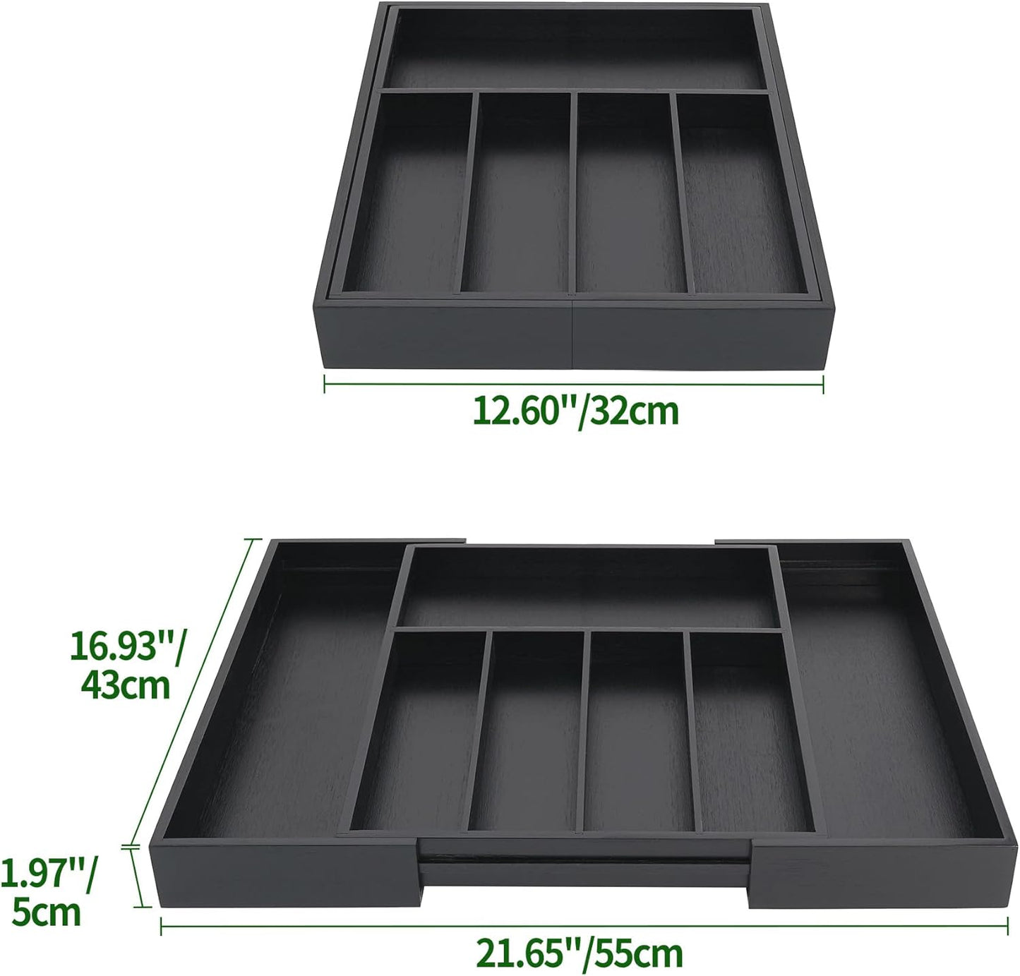 VaeFae Premium Bamboo Drawer Organizer, Expandable Silverware Drawer Organizer, Cutlery Tray with Dividers for Kitchen Utensils (Black, Large)