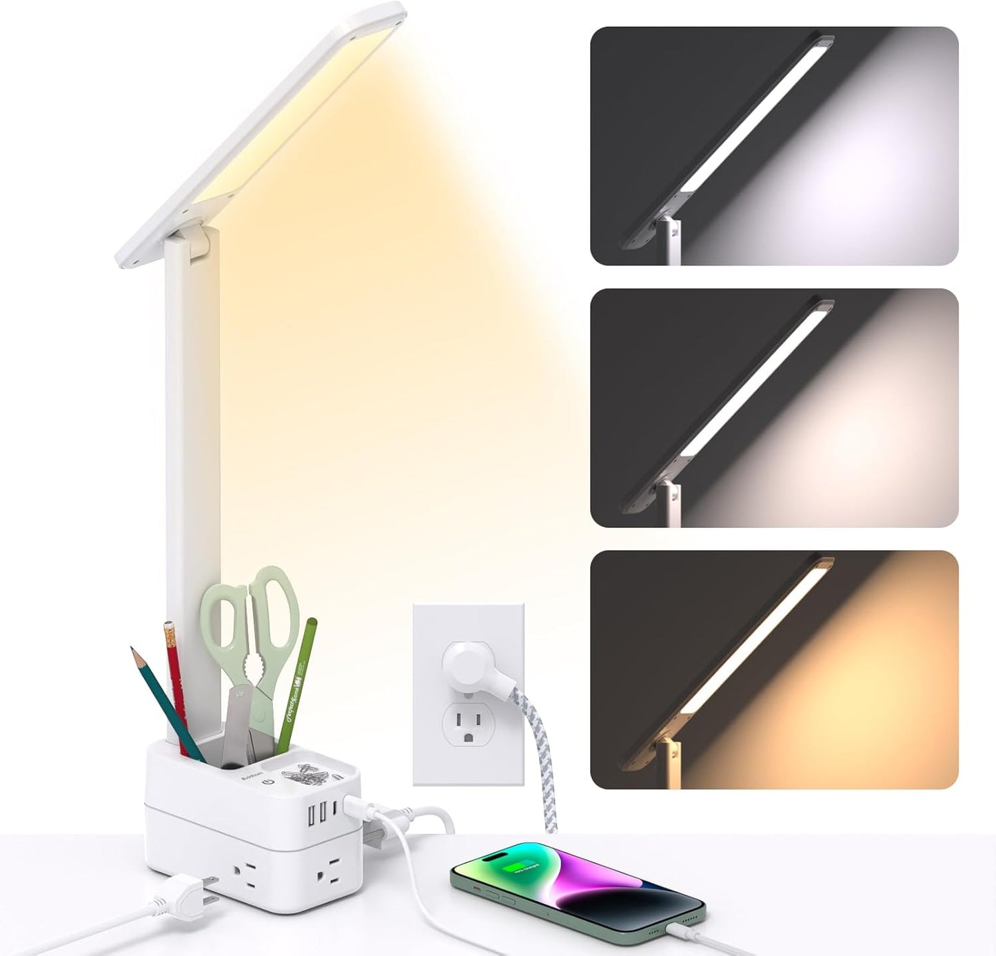 Addtam LED Desk Lamp with Pen Holder, Study Lamps with 3 Outlets 4 USB Charging Ports(2 USBC), 3 Color Modes Desk Light Touch Lamp, Small Desk Lamps for Home Office College Dorm Room Essentials