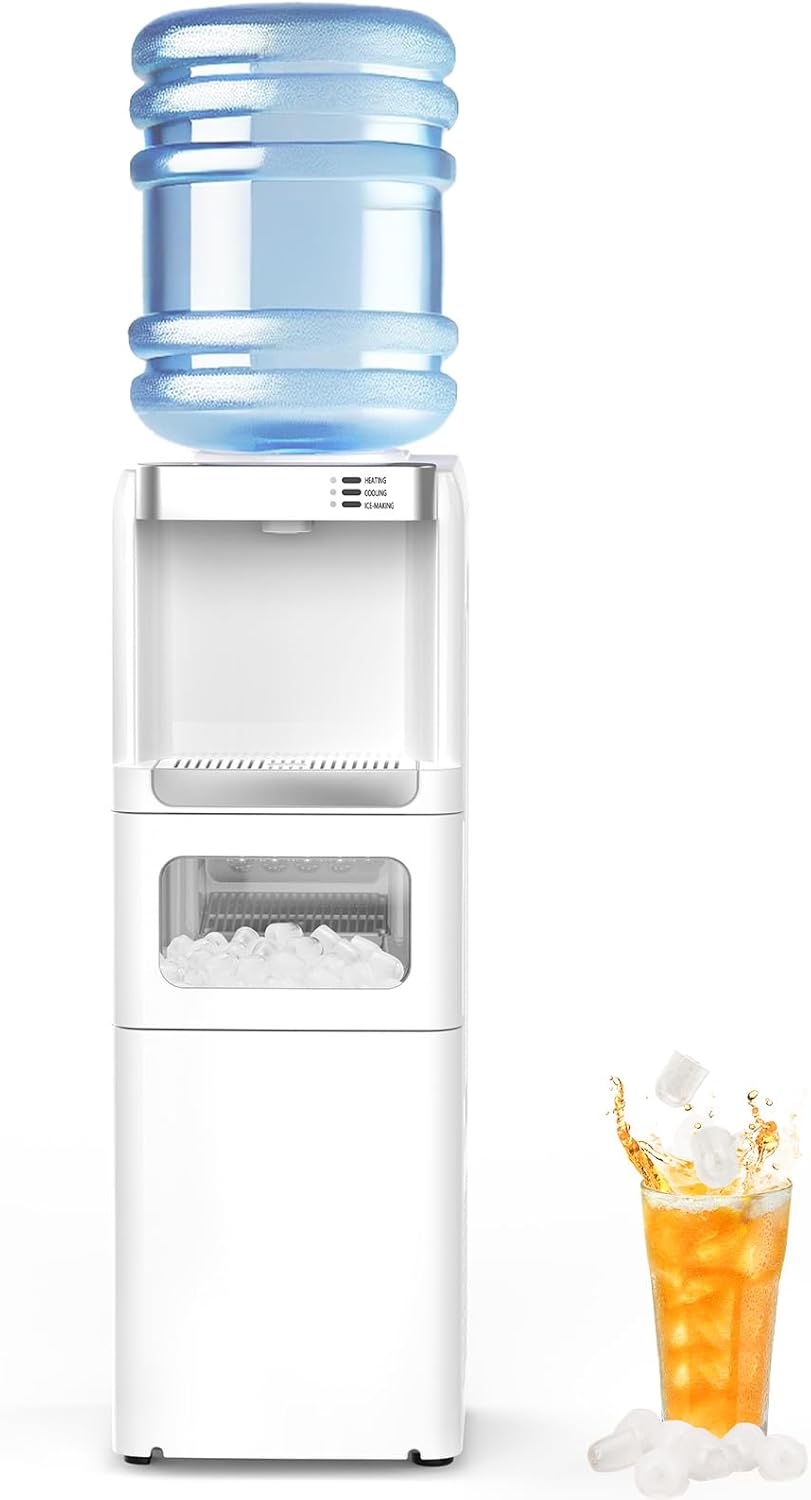 Water Dispenser with Ice Maker Function, Top Loading Hot and Cold Water Cooler for 5 Gallon Bottle - Includes Child Safety Lock - Water Machine for Home, Office, Garage - White