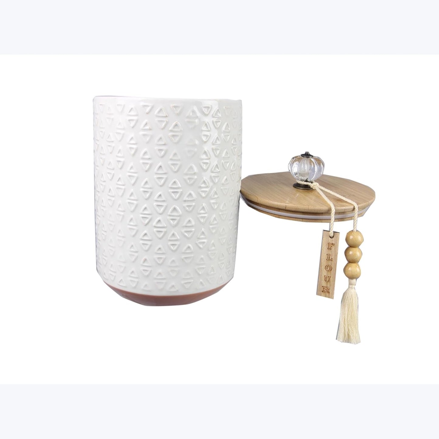 Youngs 21207 Ceramic Canister with Wood Lid and Silicon Seal, Crystal Knob and Blessing Bead Tassel Accent, 4-piece Set