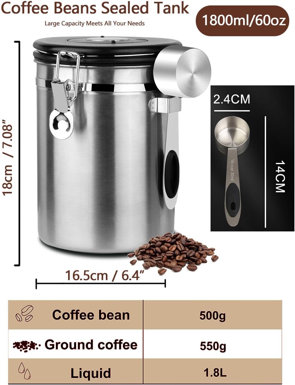 Coffee Canister Airtight Storage Container Stainless Steel Air Tight Coffee Jar with Scoop, Date Tracker CO2 Release Valve for Dry Food, Beans, Ground, Tea, Flour, Cereal and Sugar (1.8L-Silver-2pcs)