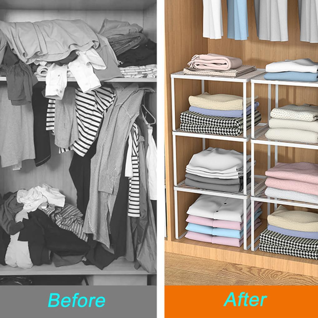 Kitchen Cabinet Storage Shelf Stackable Wire Spice Rack Organizer Heavy Duty Space Saver for Bathroom Bedroom Closet Laundry Room Office Countertop - White, Pack 1