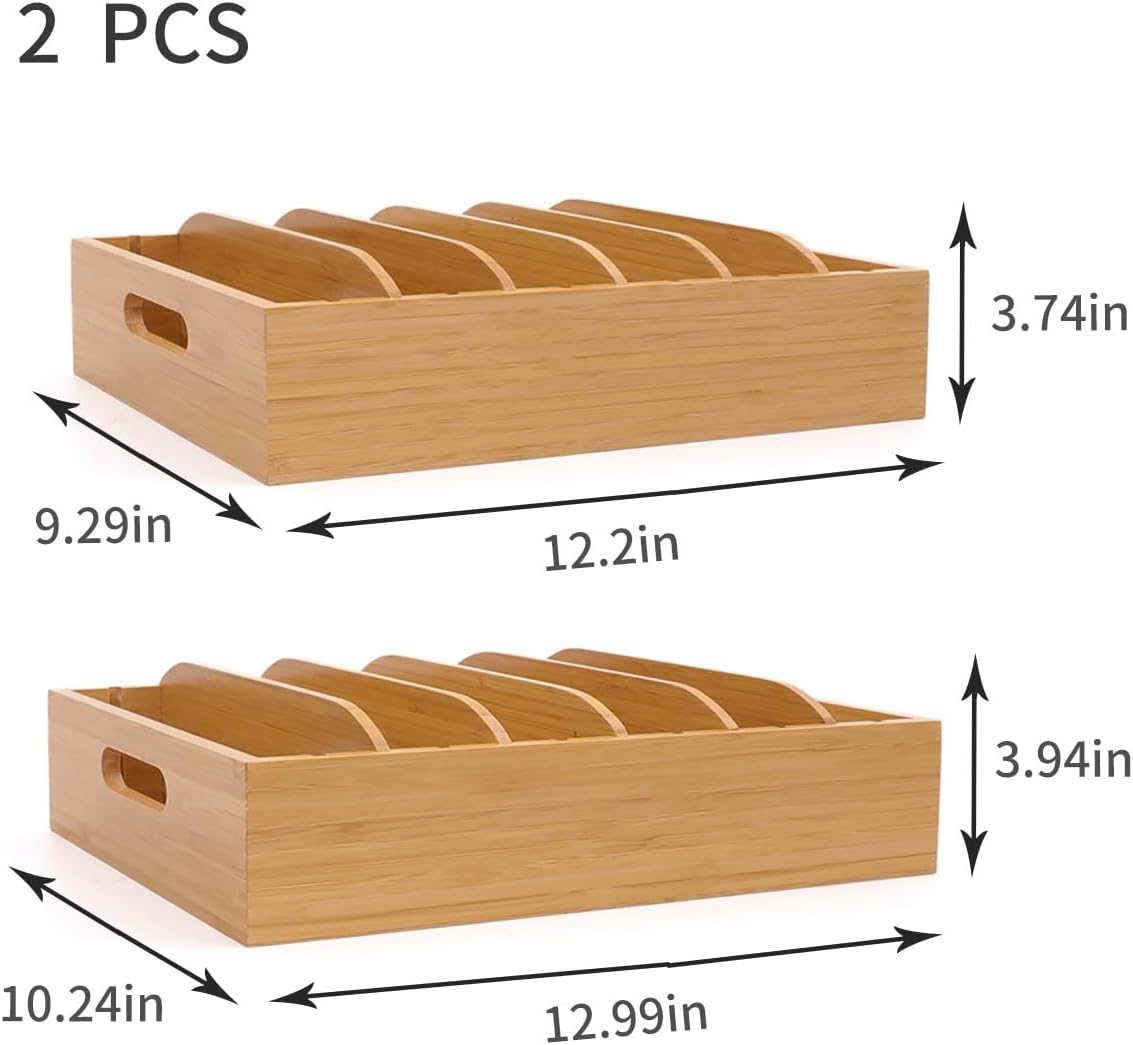 2 Pack Bamboo Lid Holder Food Container, Kitchen Organizer with 5 Adjustable Dividers, Cabinet Organizer for Food, Kitchen Gadget, Container Lids