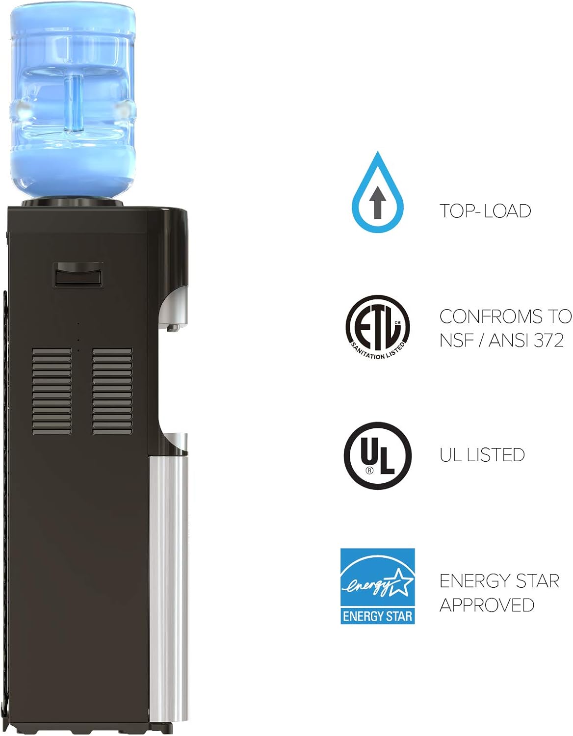 Brio Essential Series Top Loading Water Cooler Dispenser - Tri Temp Dispense, Child Safety Lock, Holds 3 or 5 Gallon Bottles - UL/Energy Star Approved