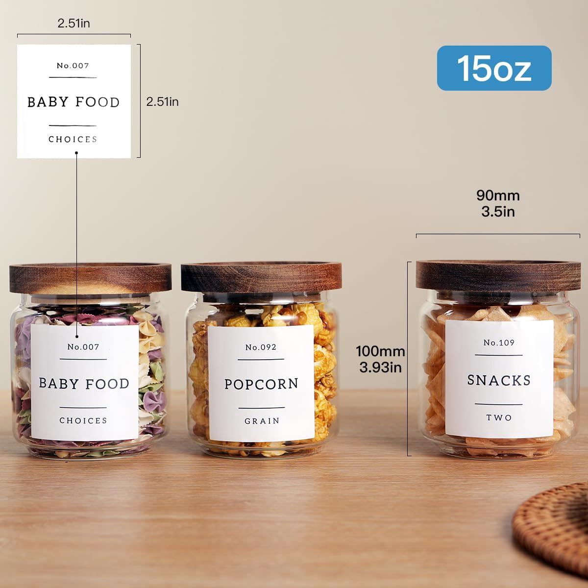 6 Set Glass Pantry Storage Jars with Acacia Airtight Lid - 15oz Thicken Glass Kitchen Canisters with 132 Pantry Labels - Clear Glass Food Storage Containers with Wood Lid for Tea,Sugar,Spice,herbs