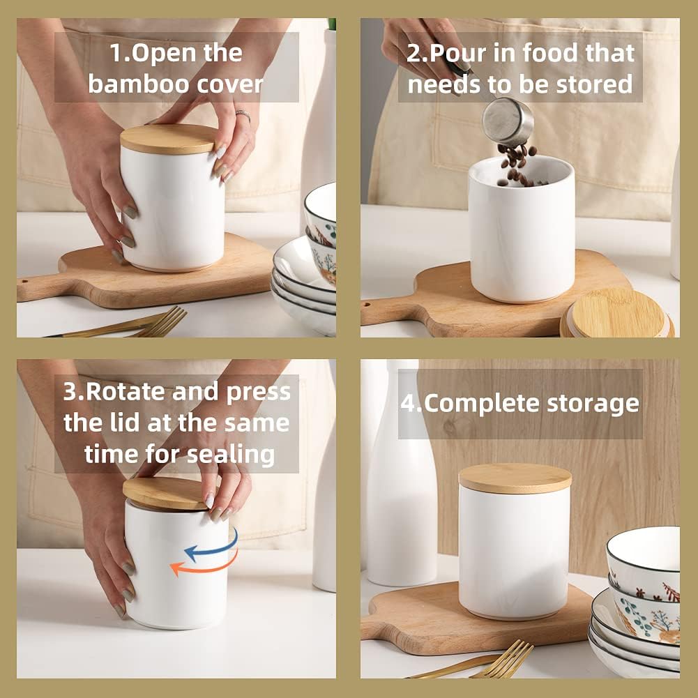 Sweejar Kitchen Canisters Ceramic Food Storage Jar Set, Stackable Containers with Airtight Seal Bamboo Lid for Serving Ground Coffee, Tea,Grains, Herbs,Sugar, Salt and More - Pack of 4（Gray）
