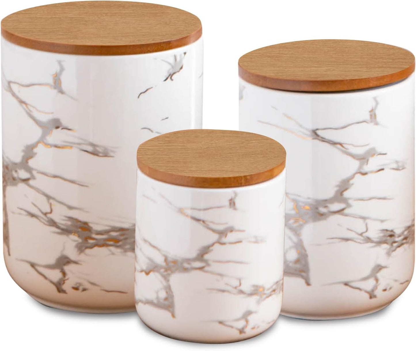 White Ceramic Canister Set with Wooden Lid, 3-Piece Food Storage Jars for Kitchen Counter, Storage Container for Sugar, Coffee, Tea, Spice