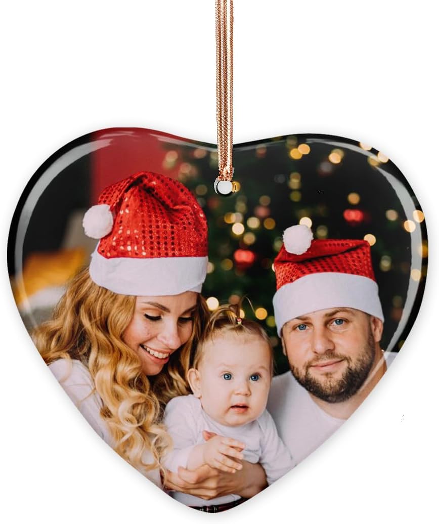 Personalized Christmas Ornaments with Photo and Text, Custom Heart Shape Ceramic Hanging Ornament with Picture for Christmas Tree, Customized Xmas Gift for Parents Family