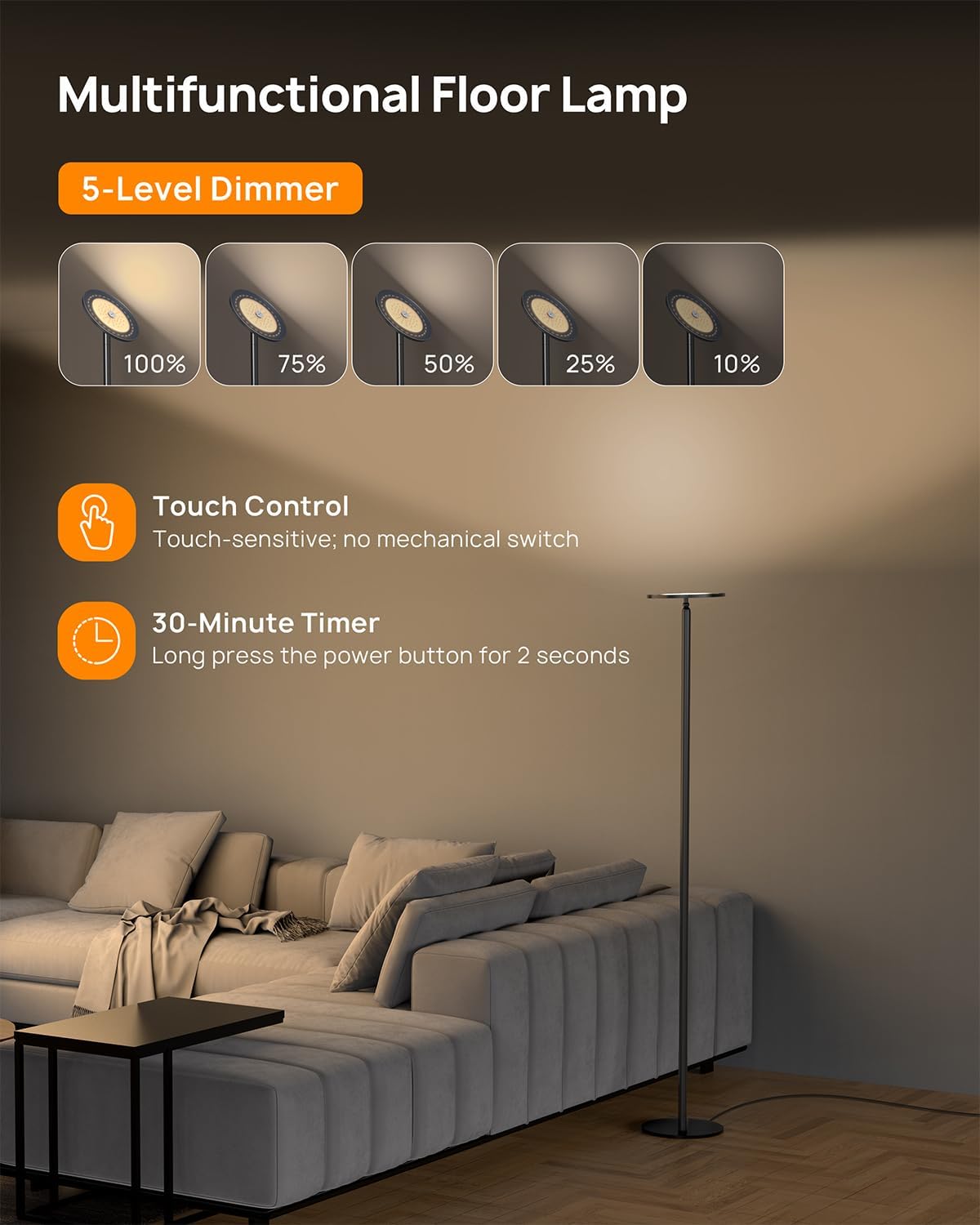 TROND Floor Lamp, 5000LM Super Bright Sky LED Modern Torchiere Standing Lamp, 3000K Warm White Light, 5-Level Dimmable, Modular 71 in Tall Pole Light, 30-Minute Timer for Living Room, Bed Room