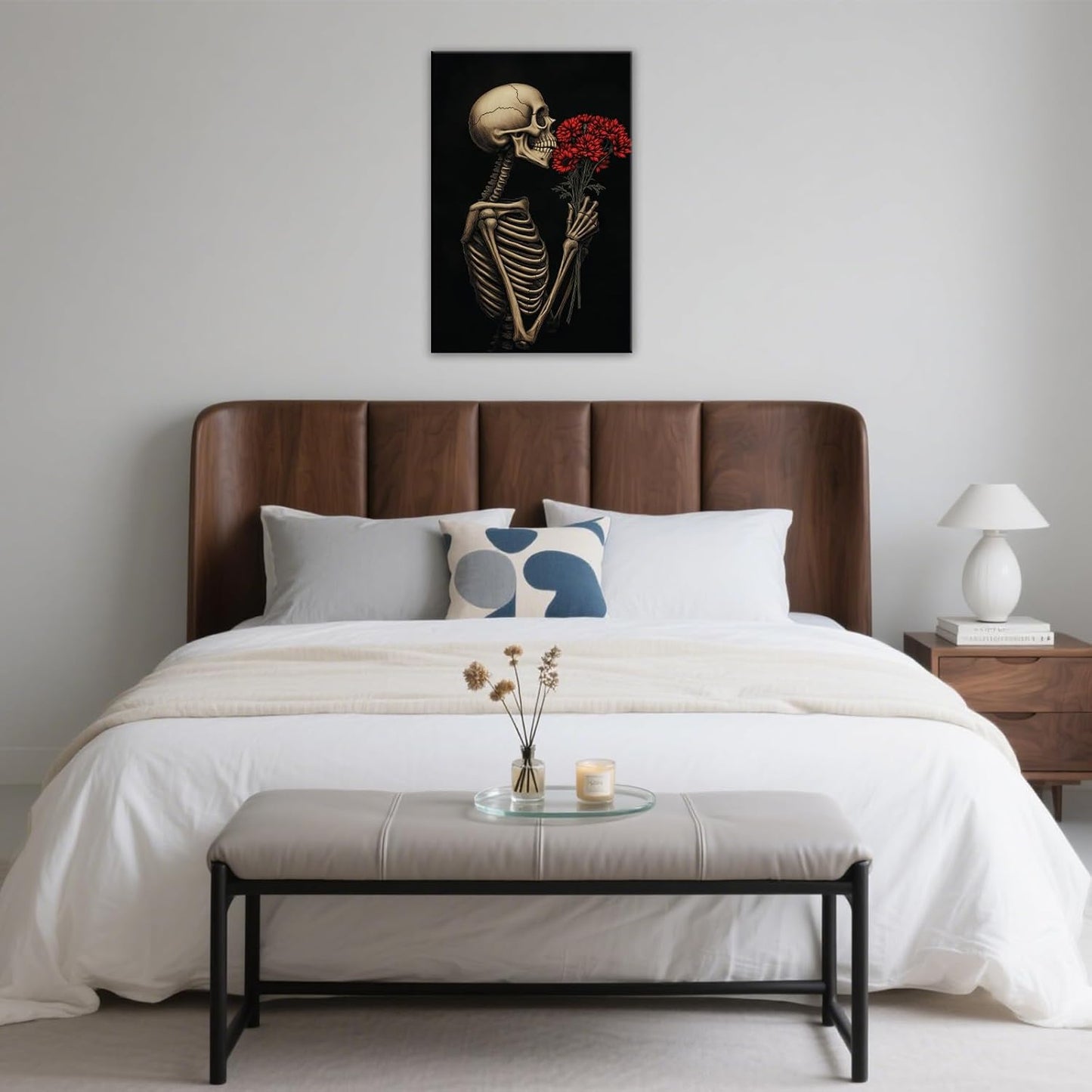 OAAPITI Red Rose Skull Wall Art Dark Themed Skeleton Painting Modern Artwork for Gothic Home Decor(Artwork-5,16"x24")