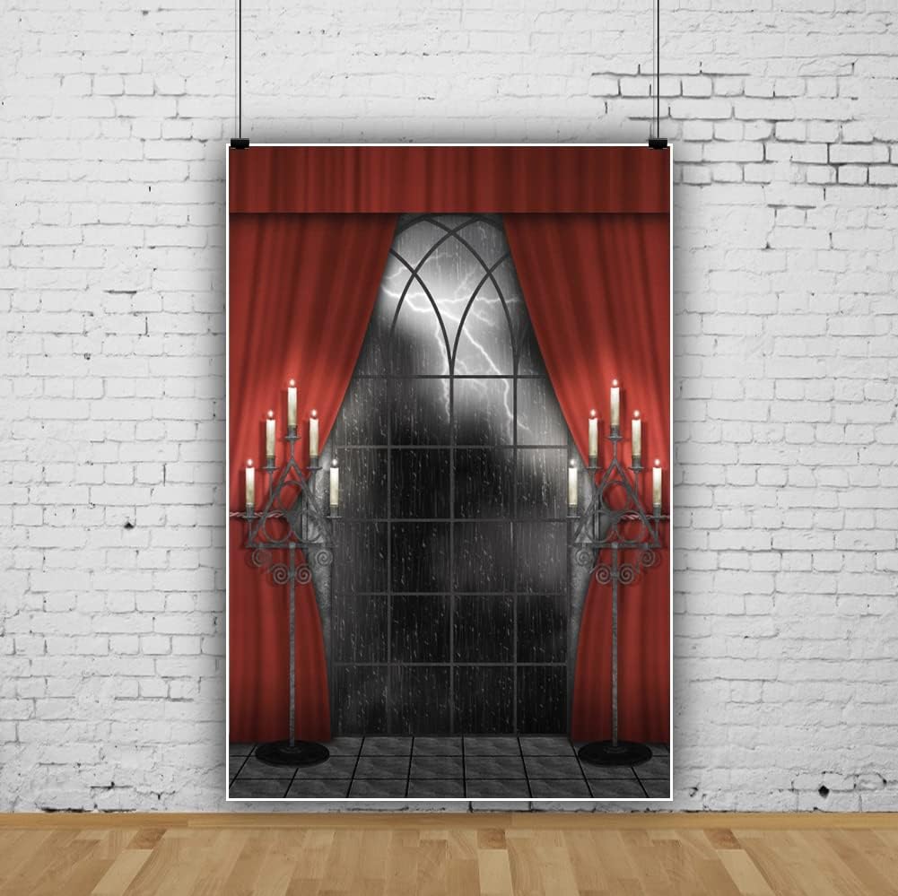 Renaiss 10x15ft Vintage Gothic Window Backdrop Red Curtain Candlestick Black Floor Lightning Stormy Sky Vampire Medieval Castle Photography Background Halloween Dress Up Party Decors Photo Booth Props