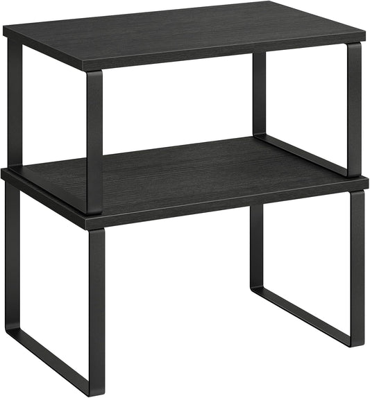 SONGMICS Cabinet Organizer Shelf, Set of 2 Kitchen Counter Shelves, Kitchen Storage, Spice Rack, Stackable, Expandable, Metal and Engineered Wood, Ink Black and Charcoal Black UKCS02B01