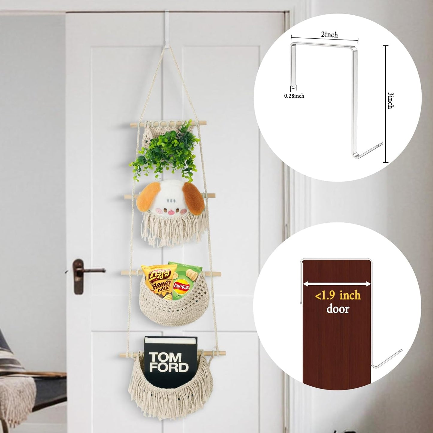 4 Tier Hanging Fruit Basket for Kitchen, Beige Boho Cotton Rope Crocheted Fruit Holder for Bathroom Bedroom, Detachable Wall Hanging Basket Shelves Over Door Organizer for Fruits Veggie Plant Decor