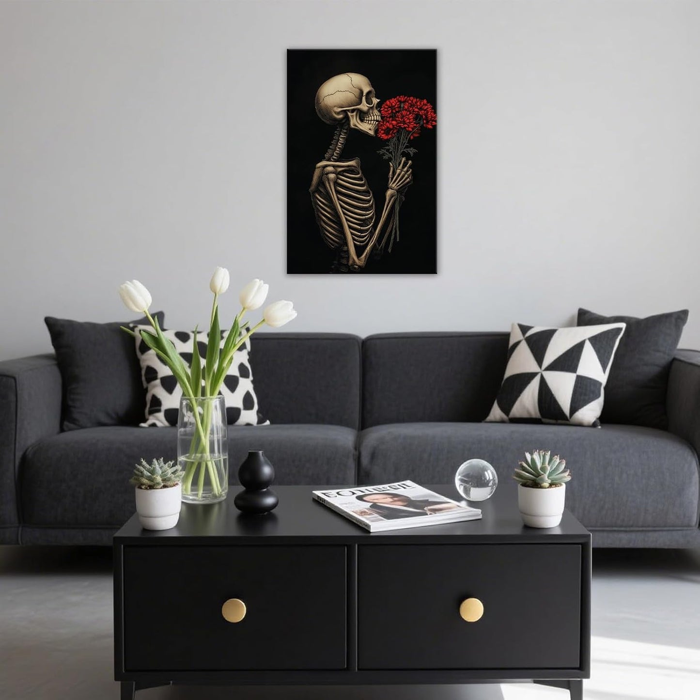 OAAPITI Red Rose Skull Wall Art Dark Themed Skeleton Painting Modern Artwork for Gothic Home Decor(Artwork-5,16"x24")