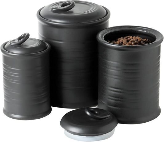 Nihow Food Storage Jar Sets: Ceramic Container with Air Tight Lid for Flour/Sugar/Rice/Coffee/Cookies/Candy - Seal Damp-proof Canister for The Kitchen - Set of 3 （Matte Black）