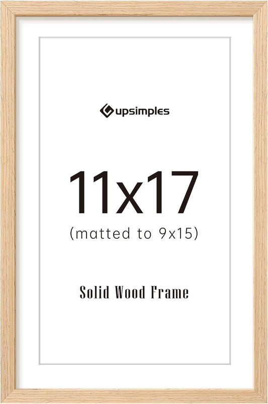upsimples 11x17 Picture Frame, Natural Solid Wood Picture Frames, Display 9x15 with Mat or 11 x 17 Without, Vertical or Horizontal Wall Hanging, 1 Pack, Natural