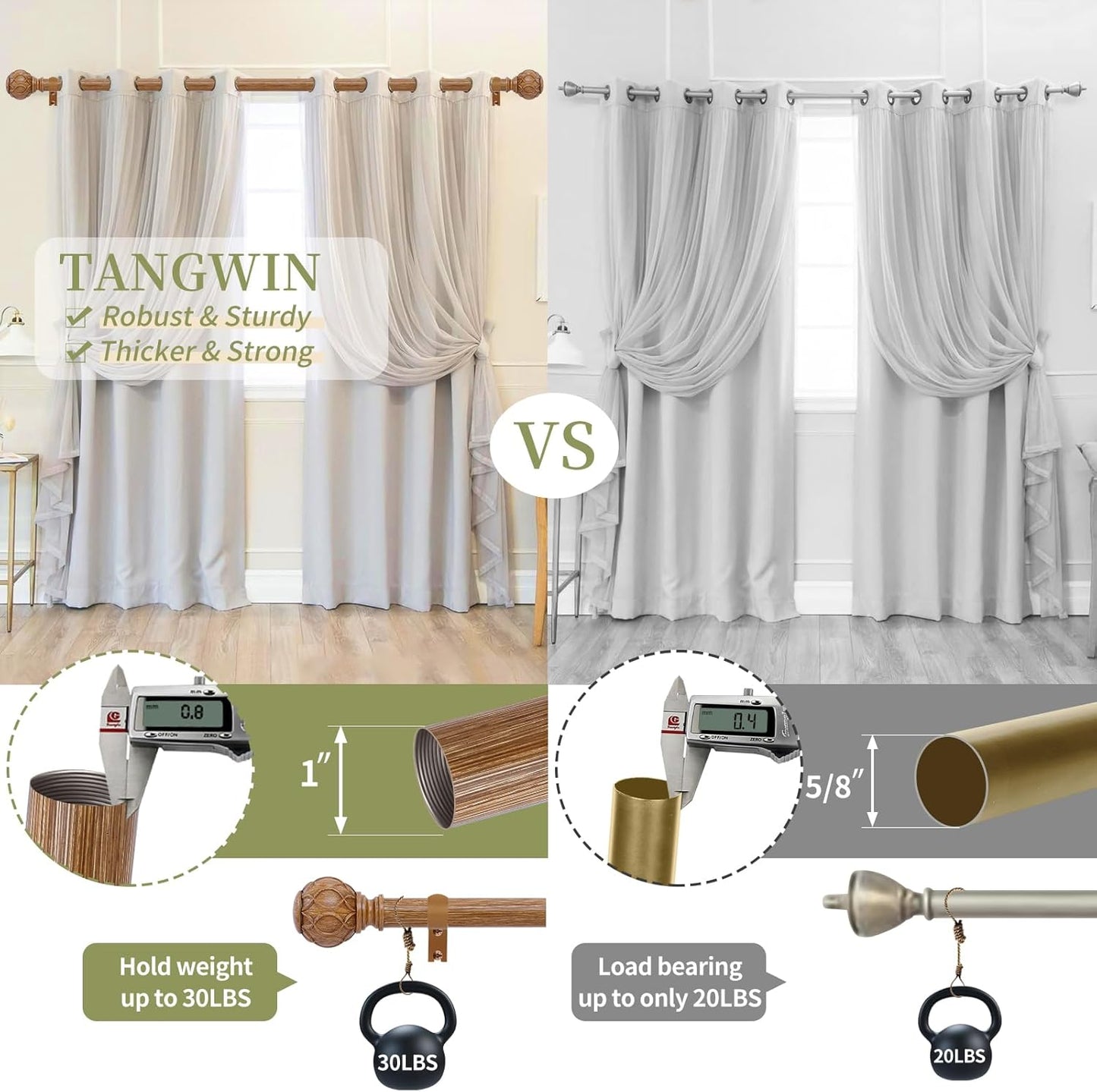 Wood Curtain Rods for Windows 66 to 120 Inch(5.5-10ft),1 Inch Adjustable Curtain Rod,Heavy Duty Curtain Rods,Wooden Netted Texture Drapery Rods,Single Window Curtain Rod 66-120",Brown Wood