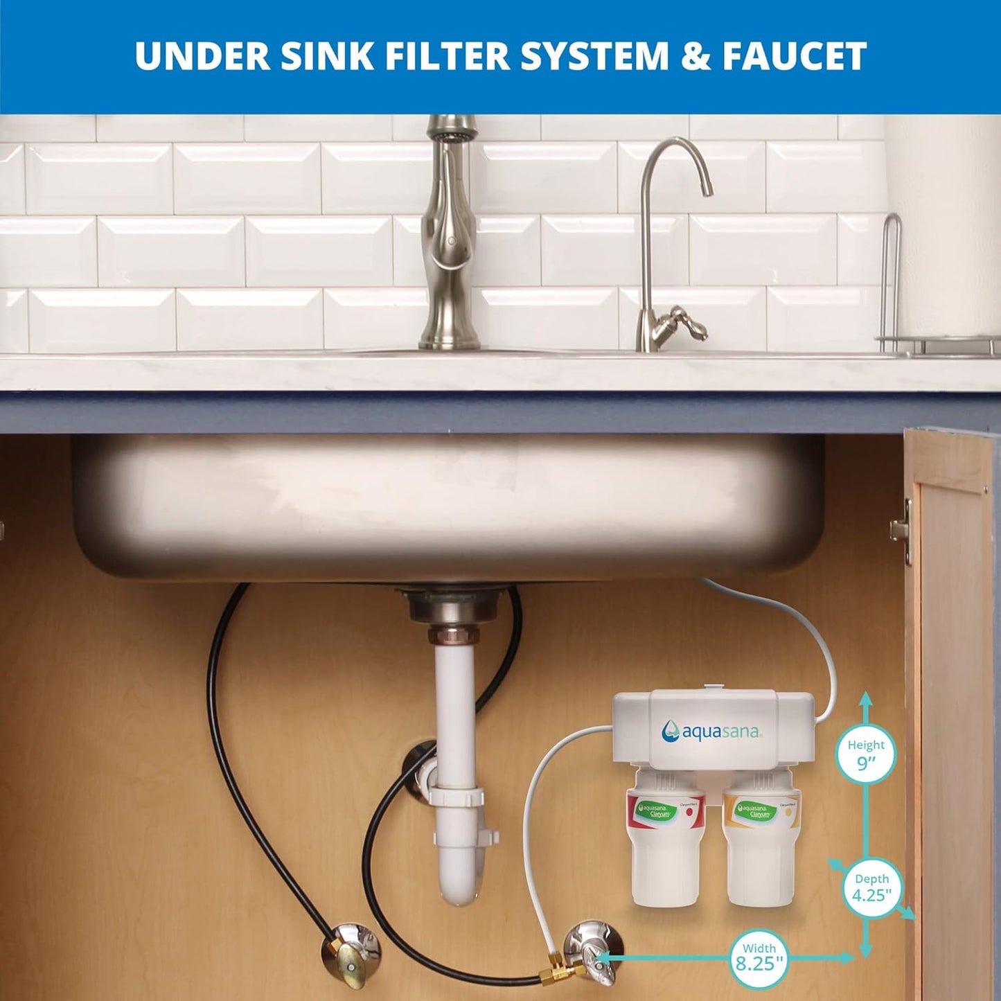 Aquasana Under Sink Water Filter System - Reduces PFAS, Lead, & Chlorine in Drinking Water - Under Counter Claryum Filtration for Kitchen - 2-Stage - Brushed Nickel Faucet - AQ-5200.55