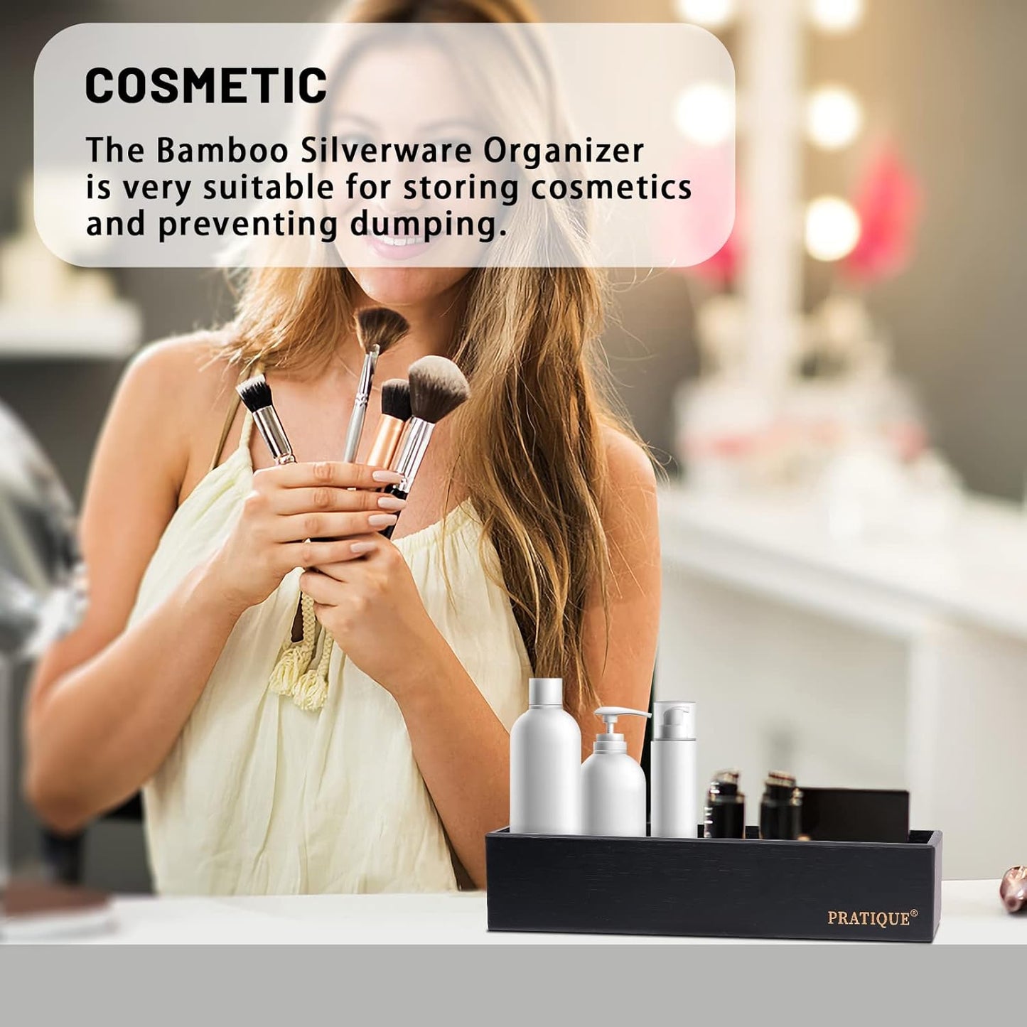 Bamboo Drawer Organizer - Kitchen Utensil Organizer Silverware Tray Cutlery Holder，Office Desk Supplies and Accessories,12 * 5.9 * 2.6,Black