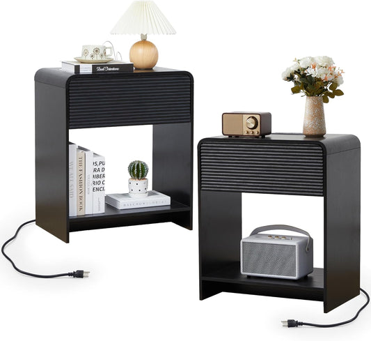 Fluted Nightstand Set of 2 with Charging Station, Modern Bed Side Table End Table with Drawer Storage, Large Wooden Night Stands Bedside for Bedroom Living Room Sofa Office, Black 2 Sets