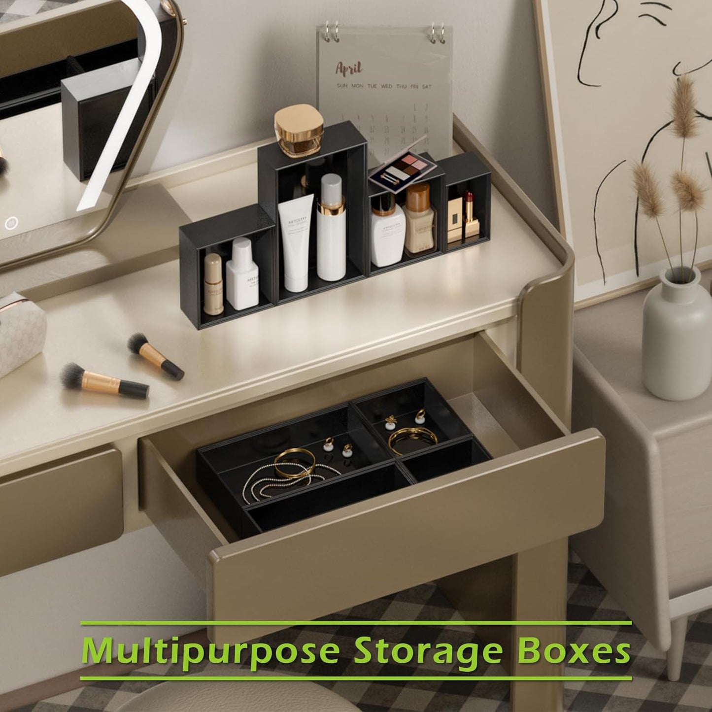 Bathroom Drawer Organizer Trays, Bamboo Drawer Organizer Kitchen Utensils Silverware Organizer, 8 PCS Wood Box Stackable Bins for Makeup, Office Desk, Junk Drawer (Black)