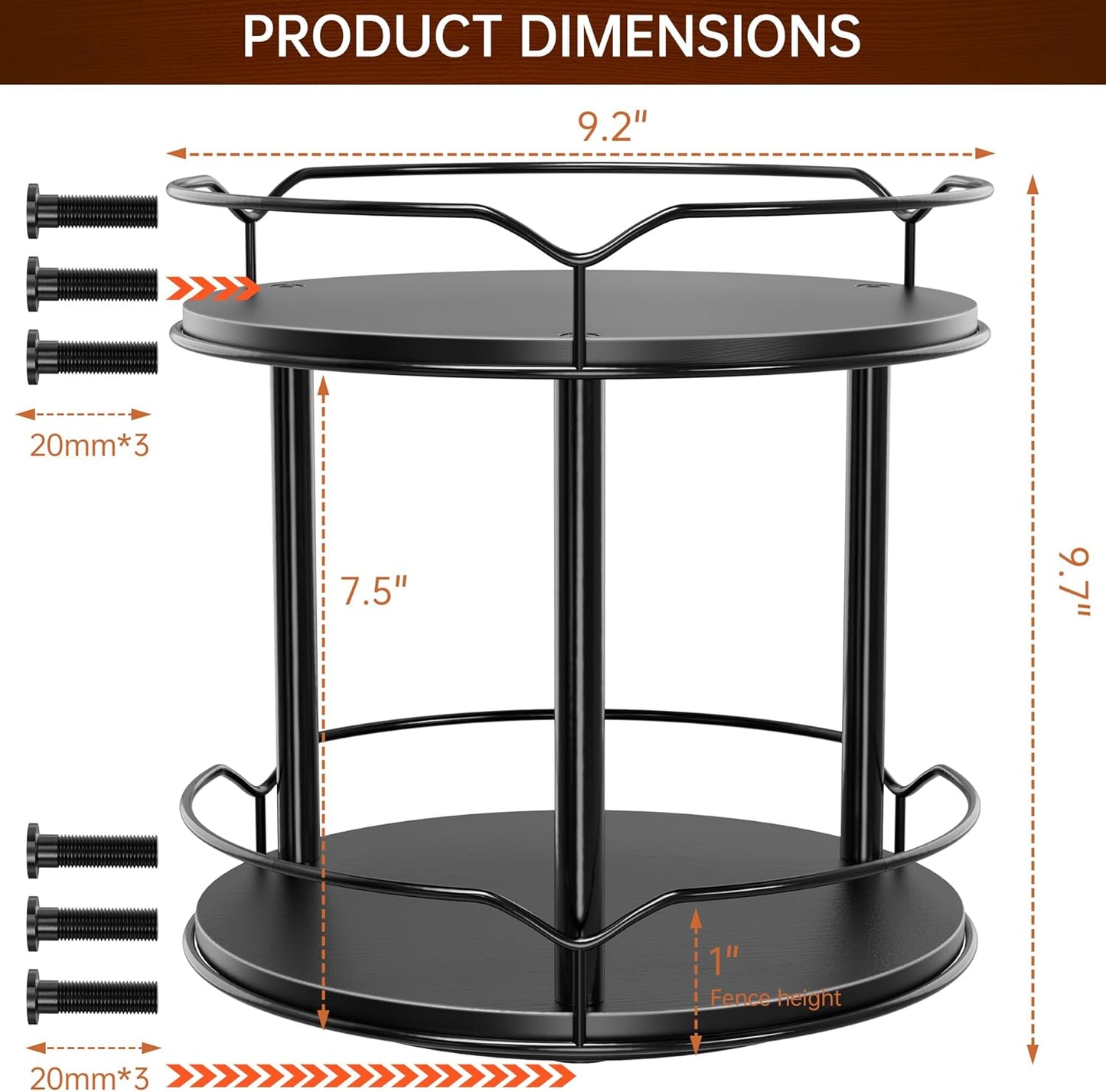 Lazy Susan Organizer 2 Tier - 9.2" Turntable Spice Rack for Table Top, Wooden Rotating Lazy Susan for Cabinet Pantry Kitchen Countertop Dining Table Cupboard Bathroom Vanity Storage(Black)