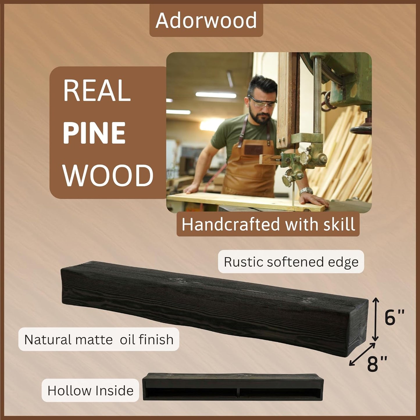 Handmade Fireplace Mantel Shelf 48", Extra Wide Rustic Wood Mantles for Over Fireplace, Wall Mounted Floating Mantel Shelves for Living Room Decor (Ebony, 48Lx6Hx8D)