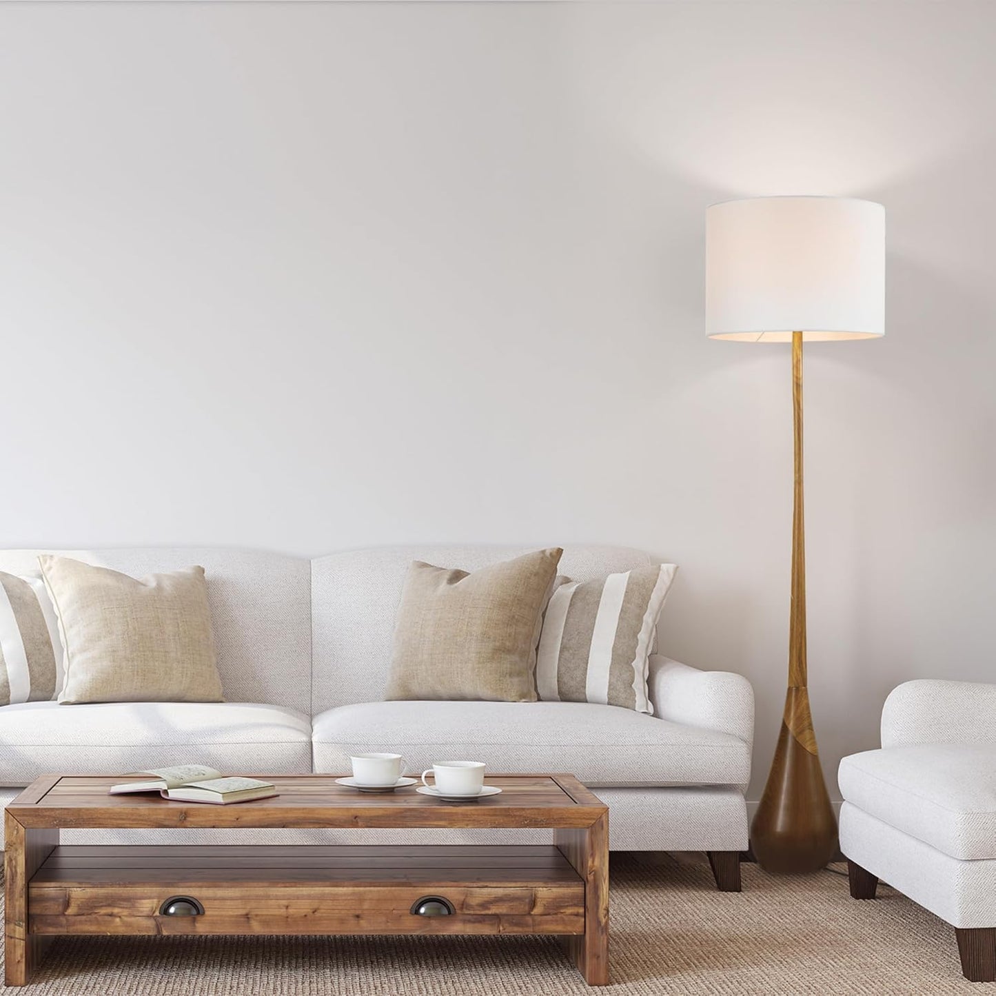 GLOBE Electric Novogratz x Harrington 65" Floor Lamp, 2-Tone Faux Wood Base, White Fabric Shade, Socket Rotary Switch 67225