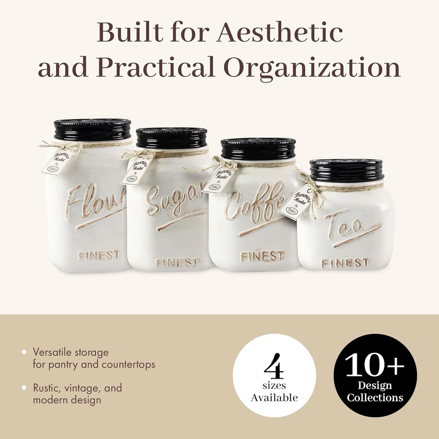 Young's 4 Piece Ceramic Canisters Sets for Kitchen, Country Style Ceramic Containers for Flour, Sugar, Tea and Coffee, Storage Containers with Lids 10.75"