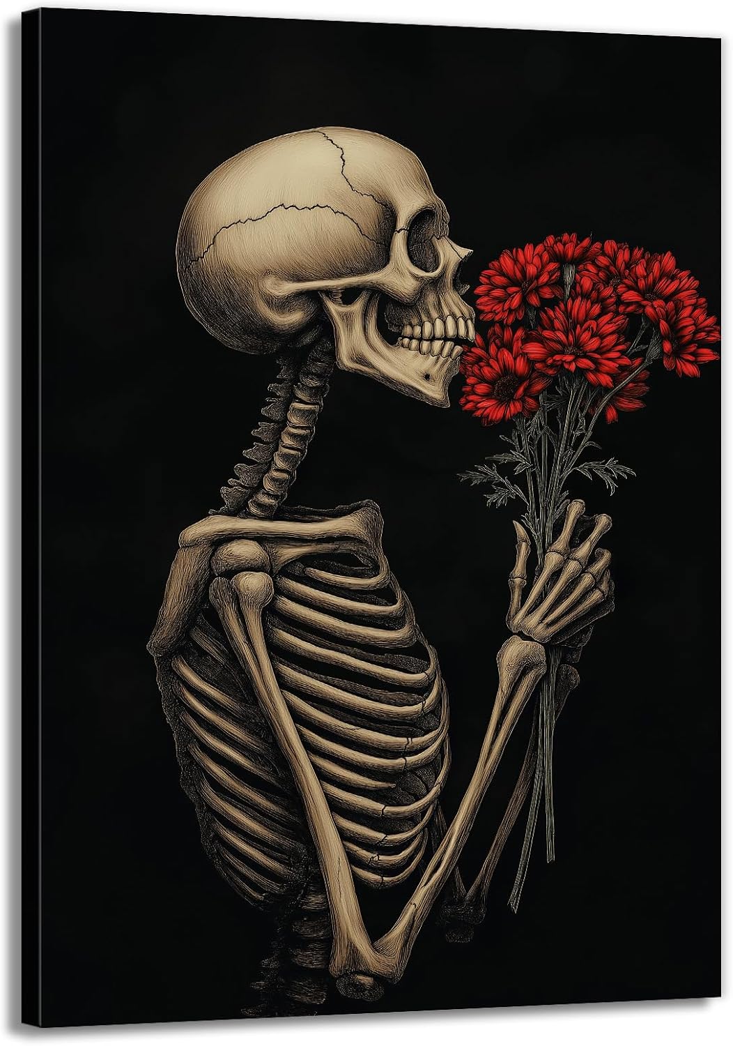OAAPITI Red Rose Skull Wall Art Dark Themed Skeleton Painting Modern Artwork for Gothic Home Decor(Artwork-5,12"x18")