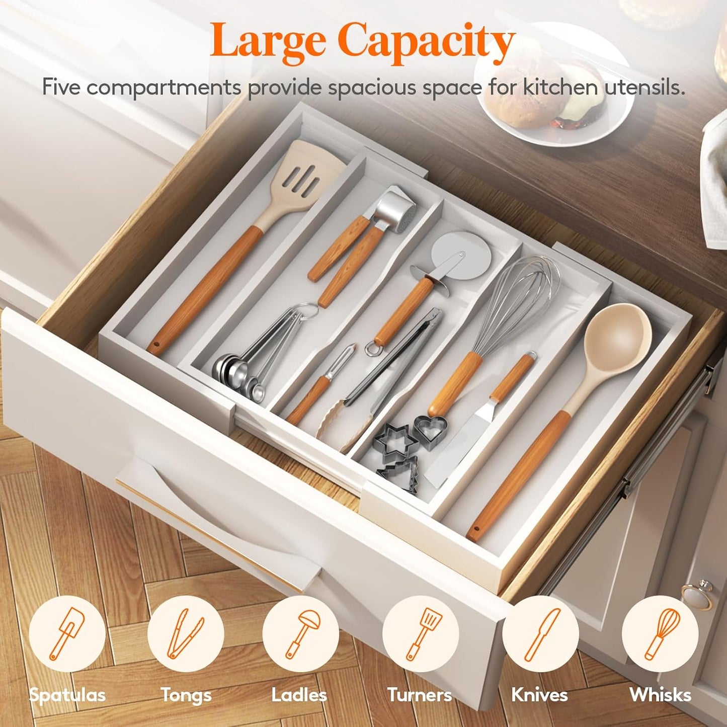 Lifewit Utensil Organizer for Kitchen Drawer, Expandable Cooking Utensil Tray, Bamboo Cutlery Silverware Flatware Holder, Adjustable Spatula Tools and Gadgets Storage Divider, Large, White