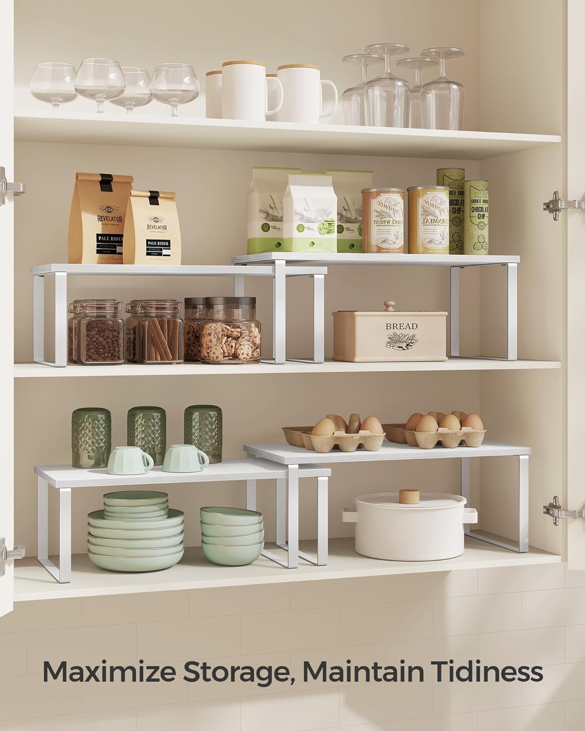 SONGMICS Cabinet Organizer Shelf, Set of 2 Kitchen Counter Shelves, Kitchen Storage, Spice Rack, Stackable, Expandable, Metal and Engineered Wood, Cloud White and Snow White UKCS025W01