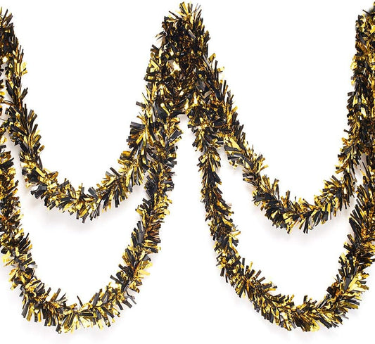 Anderson's Black & Gold Metallic Tinsel Twist for Trailer Or Golf Cart, 4 inches Wide x 25 ft Long, Christmas, Birthday, Halloween, Graduation and Holiday Garland Decor for Parties and Parades