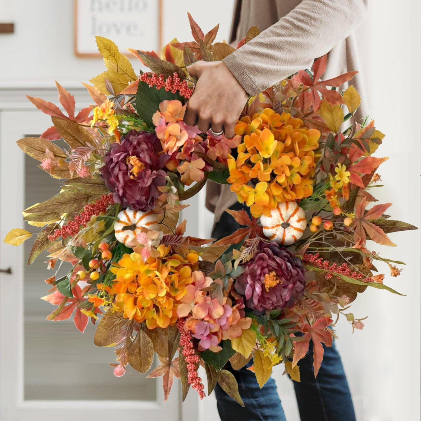 WANNA-CUL 24 Inch Fall Wreaths for Front Door with Hydrangea,Peony and White Pumpkins-Fall Decorations for Home, Fall Door Wreath Decor for Autumn,Harvest, Halloween or Thanksgiving