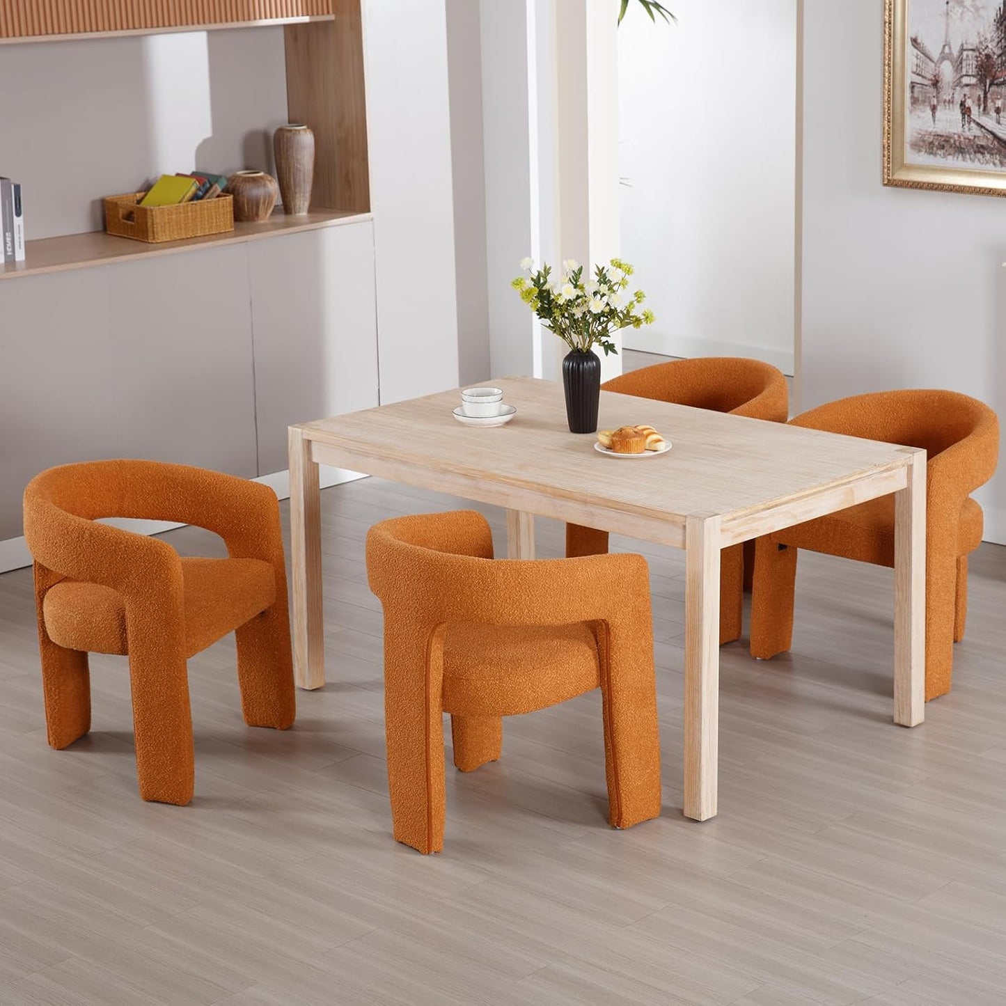 Orange Sherpa Dining Chairs Set of 6, Modern Barrel Dining Room Chairs Upholstered Faux Fur Accent Chair with Arms and Round Back for Living Room Kitchen Armchair No Assembly Needed