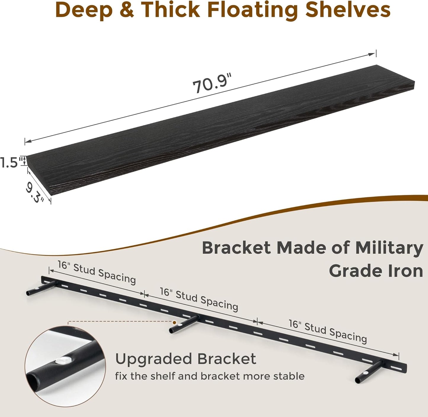 72 Inch Floating Shelves Black, 72 x 9 Rustic Wooden Fireplace Mantel, 9 Inch Floating Shelf for Wall, Farmhouse Wall Shelves for Home Storage & Display