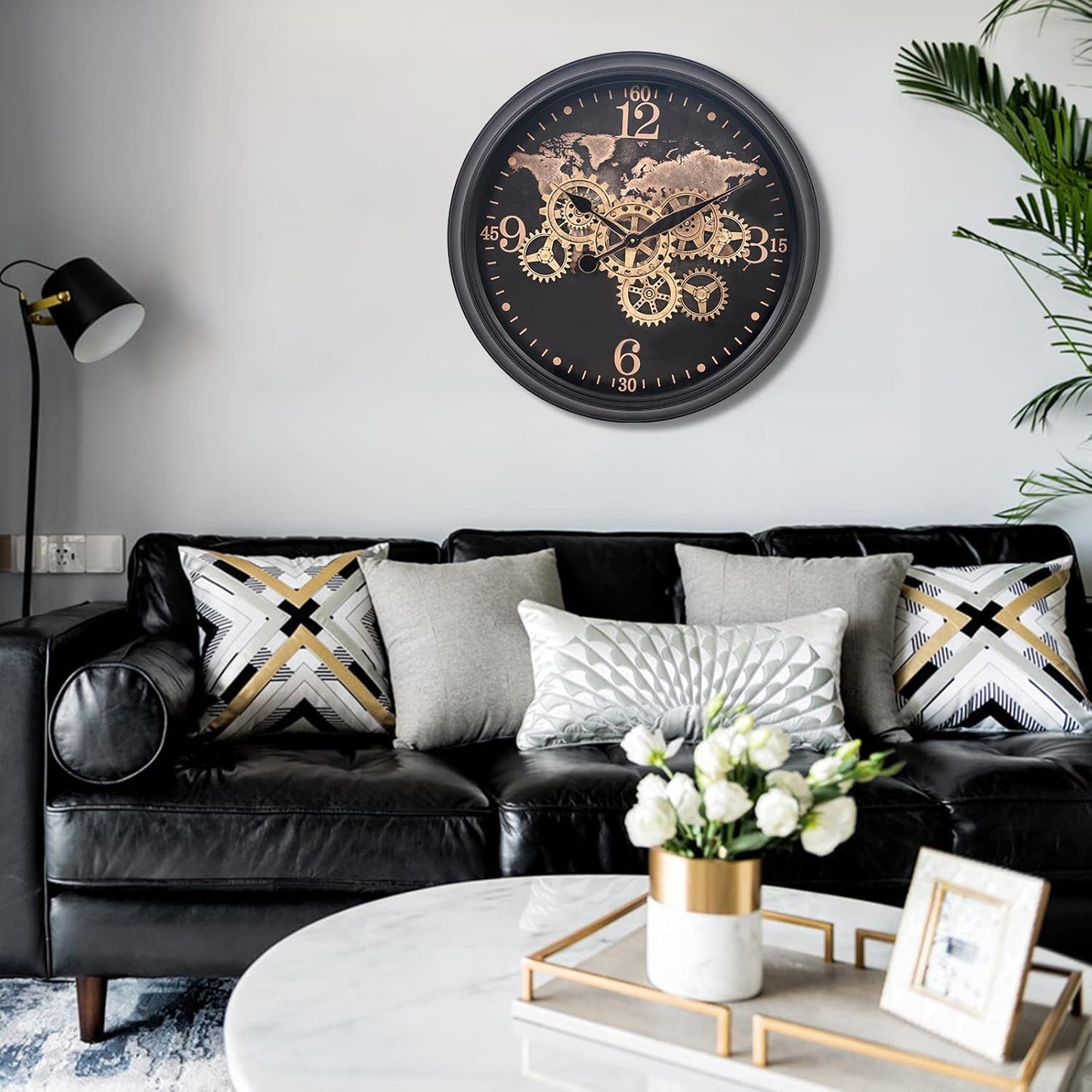 CLXEAST 24 Inch Moving Gear Wall Clock with World Map Pattern,Large Black Gold Metal Wall Clock for Modern Farmhouse Living Room Decor,Reloj De Pared para Sala